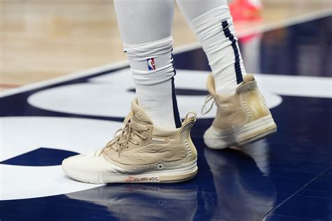 Detailed view of the shoes worn by Denver Nuggets center Nikola Jokic ...