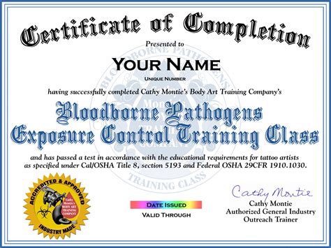 OSHA Bloodborne Pathogen Training Certificate Free Printable (1st ...