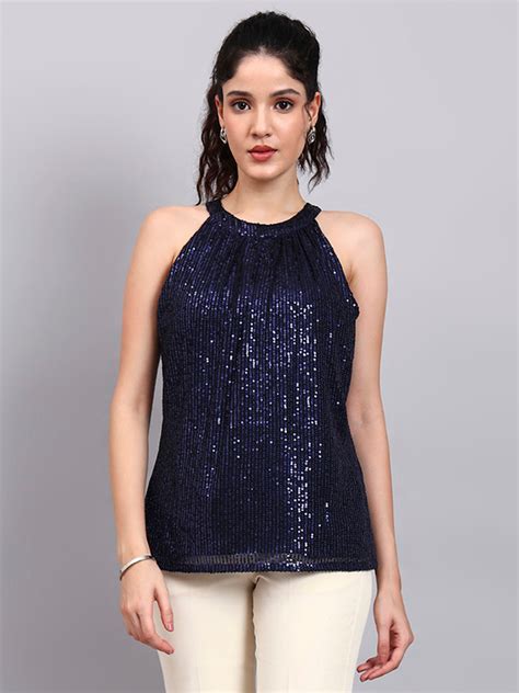 Navy Blue Sequin Halter Camisole with Gathered Detail
