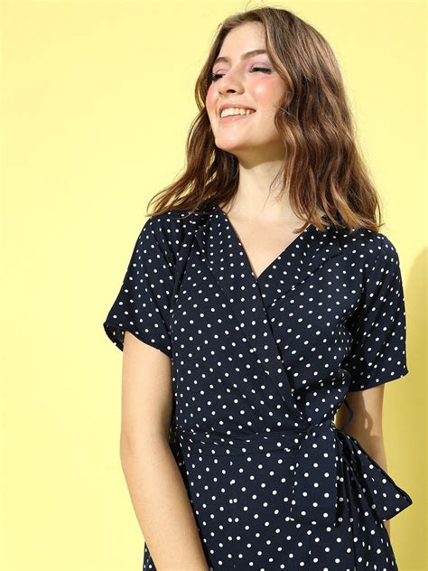 Berrylush Women Navy Blue & White Polka Dot Printed Shawl Neck Culotte