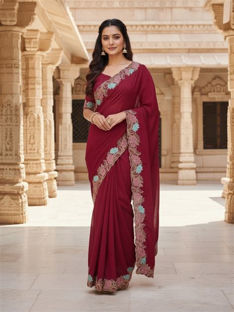 Designer Dark Pink Tussar Silk Saree with Premium Floral Embroidered B