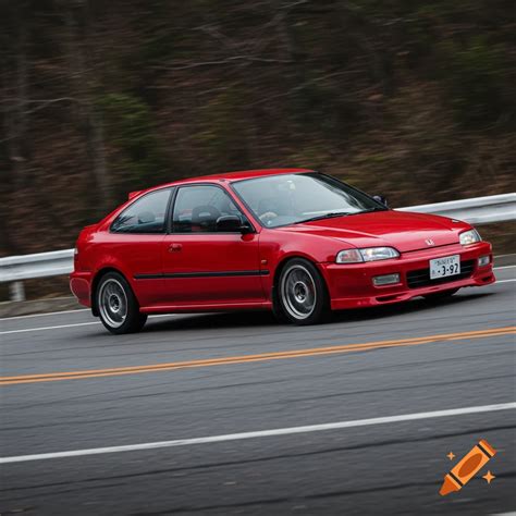 Red 1995 Honda Civic Si on winding mountain road in Japan on Craiyon