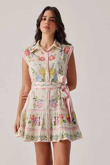Buy Multi Color Cotton Satin Tassels Vega Floral Print Dress And Belt ...