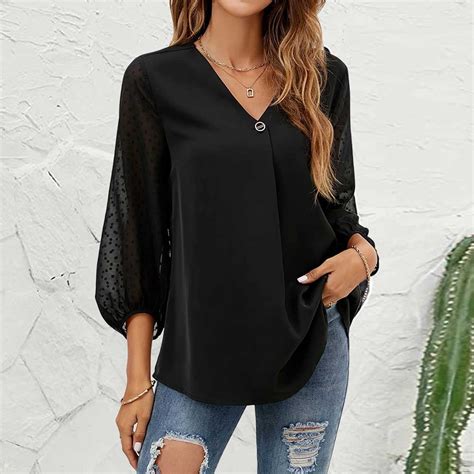 Shirt Womens Summer Chiffon V Neck Long Sleeve Blouse Casual Loose Work ...