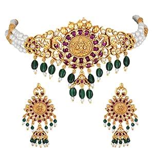 Buy Peora Traditional Gold Plated Faux Pearl & Stone Studded Choker ...