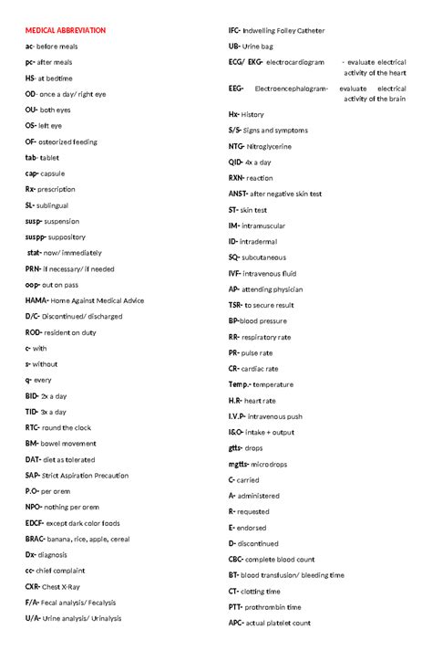Medical Abbreviation - ffefe - MEDICAL ABBREVIATION ac- before meals pc ...