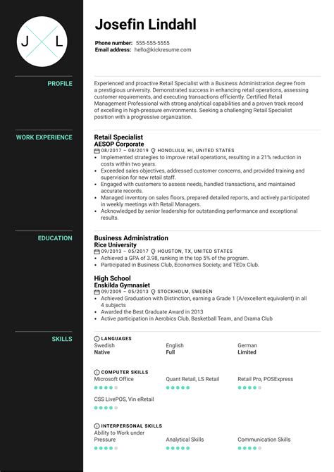 Retail Specialist Resume Example | Kickresume