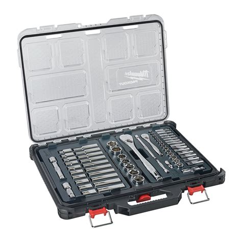 Milwaukee 63 Piece 1/4” & 1/2” Ratchet & Socket Set in PACKOUT Case | Milwaukee Socket Sets ...