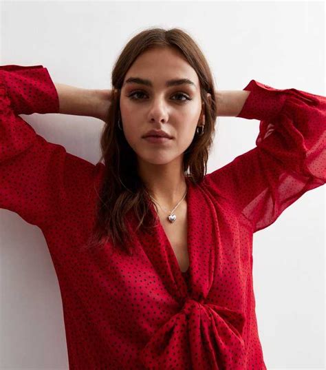 Red Spot Chiffon Bow Shirt | New Look