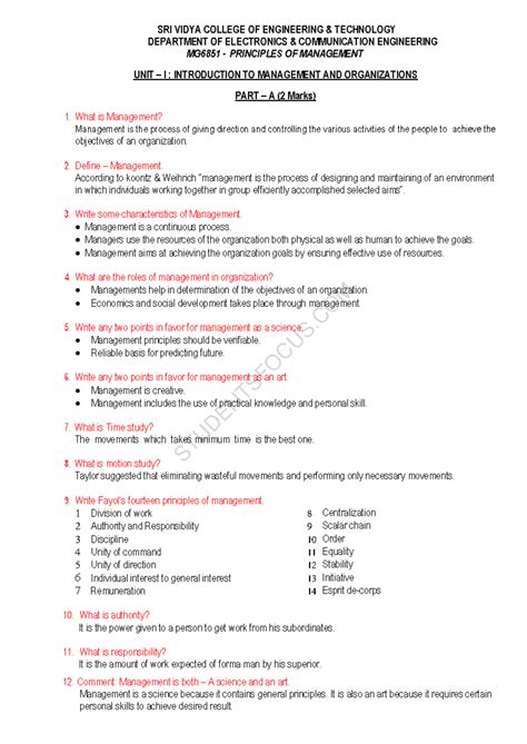 MG6851 - Principles of Management: Unit I Introduction to Management ...