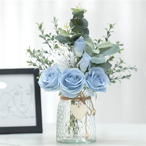 Artificial Flowers with vase，Fake Silk Roses in Vase for Home Decor ...
