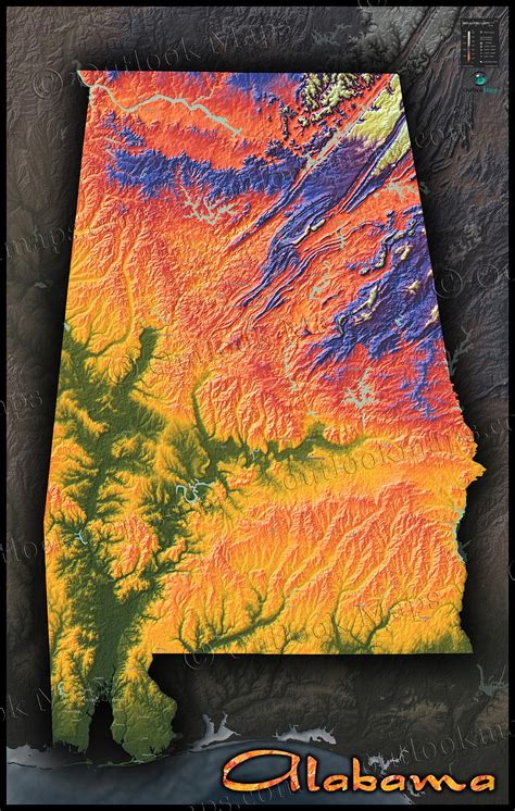 Colorful Alabama Wall Map | Topographical Physical Features