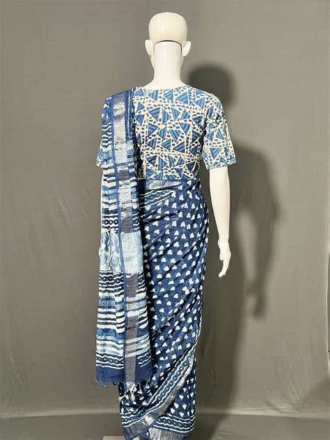 INDIGO Printed Cotton Linen Saree – SomaRiya