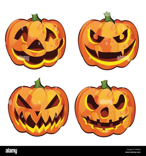 Set of ripe pumpkin with carved eyes and mouth, Jack-o-Lanterns ...