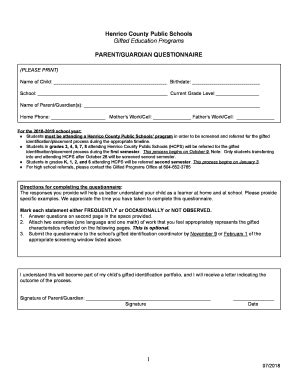 VA Henrico County Public Schools Parent/Guardian Questionnaire 2018 ...