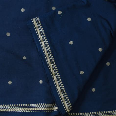 Pure Cotton Handloom Dark Blue With Cream Polka Dots And Border Hand W ...