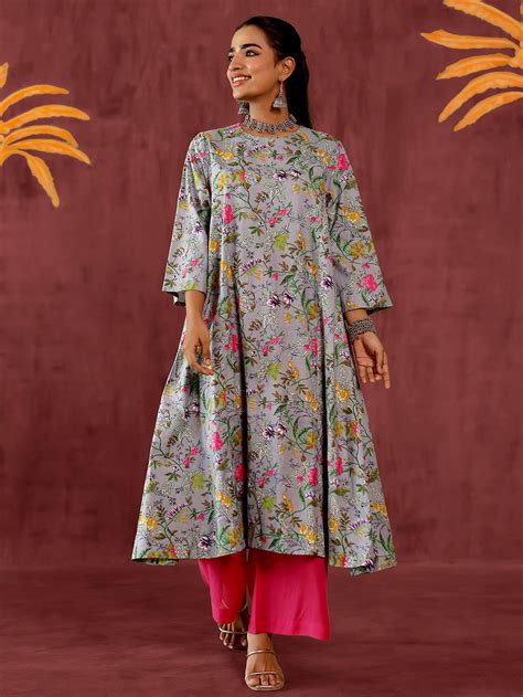 Grey Printed Cotton Kurta with Palazzo - Set of 2