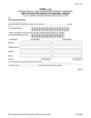 Fillable Online aponline gov FORM L.L.D. INTIMATION OF LOSS OR ...