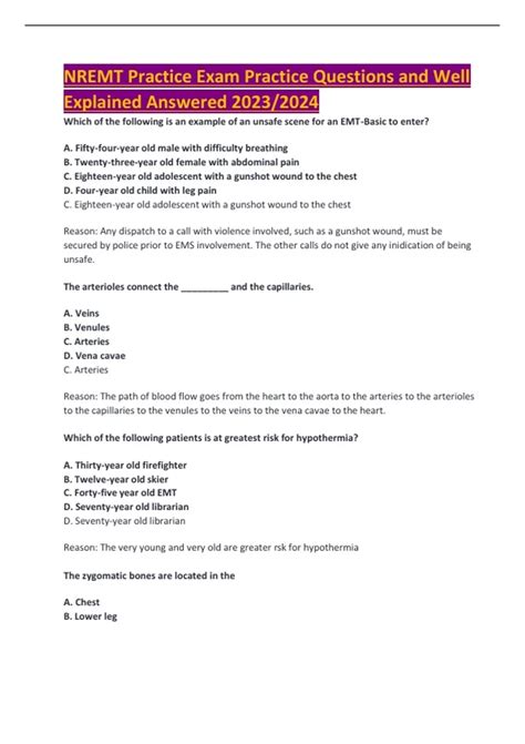 NREMT Practice Exam Practice Questions and Well Explained Answered 2023 ...