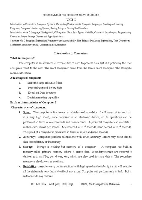 C UNIT 1 notes - introduction to programming - PROGRAMMINGFORPROBLEM ...