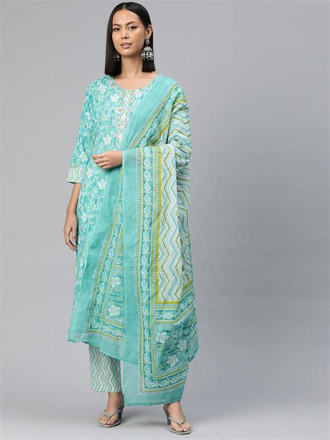 Straight Style Cotton Fabric Turquoise Blue Color Printed Kurti With P ...