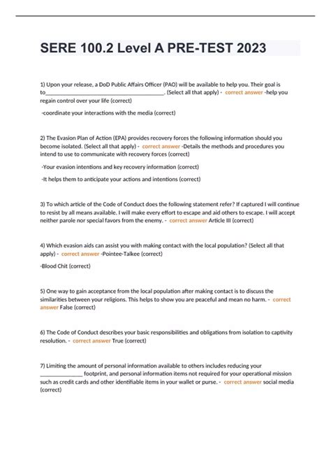 SERE 100.2 Level A PRE-TEST 2024 Question and answers already passed ...
