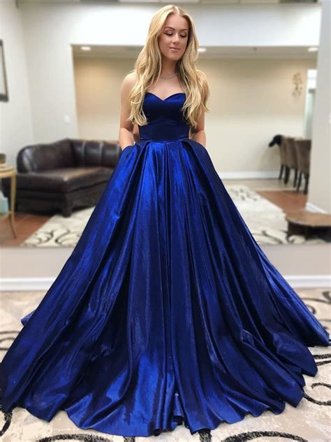 Sweetheart Neck Floor Length Blue Prom Gown with Pockets, Long Blue ...