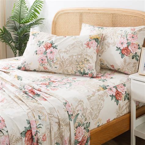 Zusbest- Queen Sheets, Soft 100% Cotton Pink & Cream Floral Bed Sheets ...