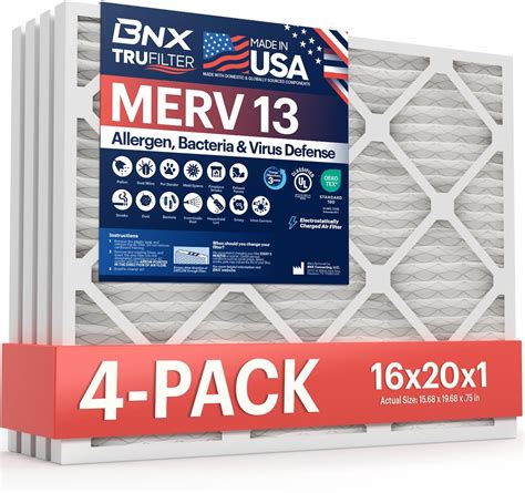 BNX TruFilter 16x20x1 Air Filter MERV 13 (4-Pack) - MADE IN USA ...