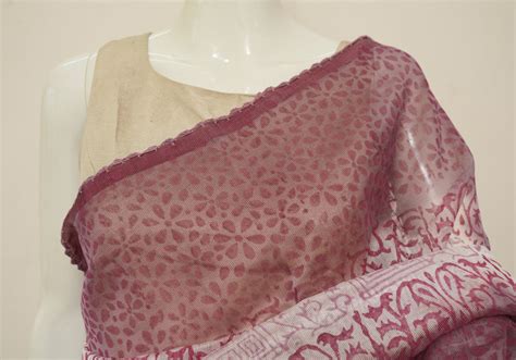 White and Onion Pink Block printed Supernet Kota Saree With Crochet ...