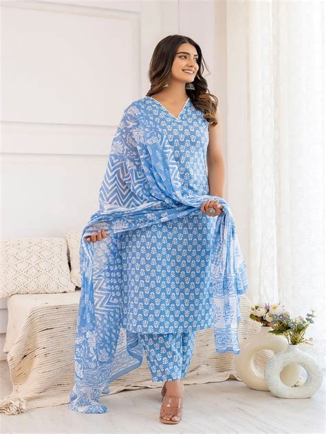 Aqua Blue Printed Straight Kurta With Trouser And Dupatta – Trendphoria