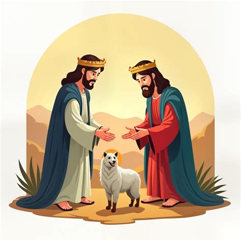 Two figures resembling jesus christ stand facing wear crowns robes ...