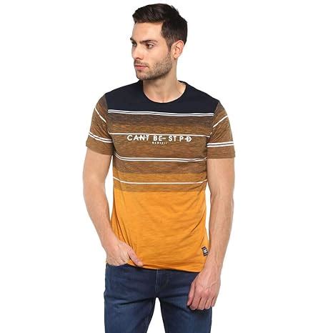 STOP by Shoppers Mens Round Neck Stripe T-Shirt (Yellow_X-Large ...