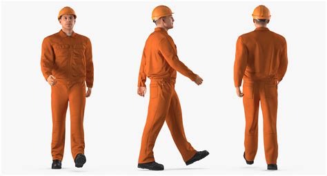 Worker Orange Uniform with Hardhat Walking Pose 3D | 3D Molier ...