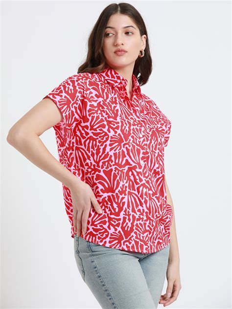 DL Woman Spread Collar Regular Fit Tropical Print Red Shirt – DENNIS LINGO
