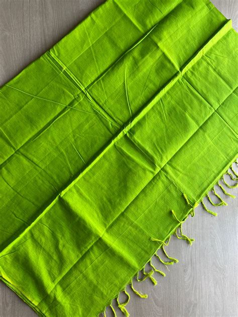 Double Tone (Parrot Green/Neon Yellow) Plain Cotton Saree with Contras ...