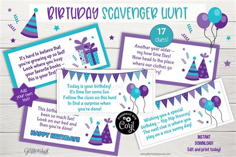 Birthday Scavenger Hunt Clue Cards / Birthday Party Treasure Hunt Clues ...
