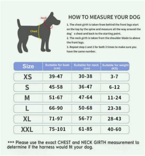 Dog Harness Size Chart