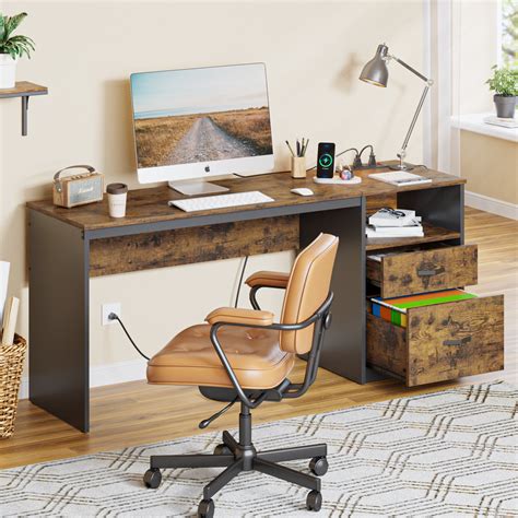 Bestier Rustic Computer Desk with Drawers and Power Outlet - India | Ubuy