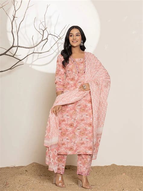 Pink Floral Print Cotton Straight Kurta Dupatta Set – Yufta Store