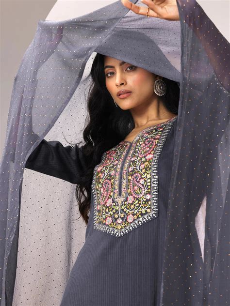 Buy Grey Yoke Design Silk Blend Straight Suit Set With Dupatta Online ...