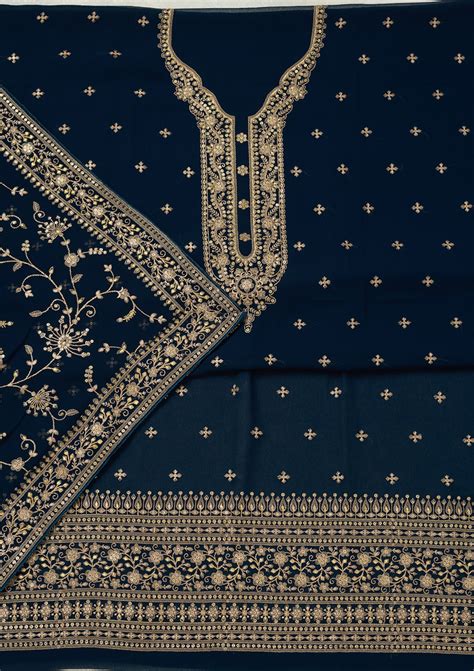 Buy Navy Blue Threadwork Georgette Unstitched Salwar Suit - Koskii