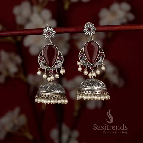 Antique 92.5 Silver Plated Oxidised Peacock Floral Teardrop Jhumka ...