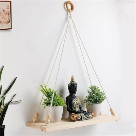 VAH 3 Tier White Wood Rope Hanging Shelf/Rack, Bohemian-Nordic Style ...