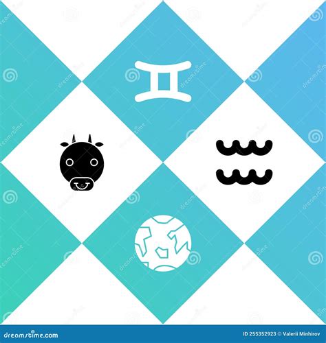 Set Ox Zodiac, Planet Earth, Gemini and Aquarius Icon. Vector Stock ...