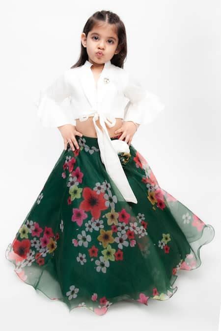 Buy Green Cotton, Silk, Organza Printed Lehenga Set For Girls by Fayon ...