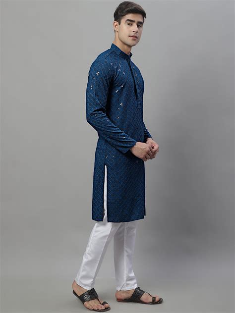 Men's Peacock Blue Chikankari Embroidered and Sequence Kurta with Pyja ...