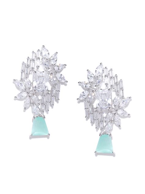 Rhodium-Plated American Diamond and Sea Green Stone Studded Drop Earri ...