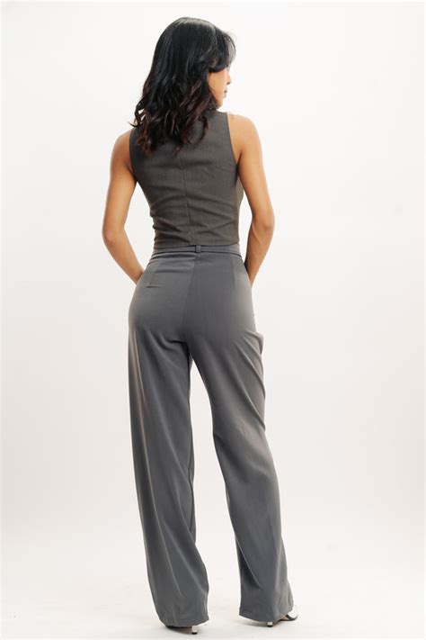 Grey Pleated Women's Straight Korean Pants