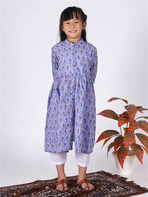 Lilac Printed Cotton Kurta with Pants - Set of 2